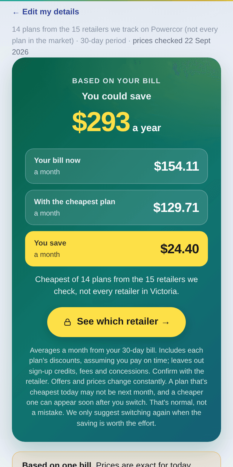 The result: the cheapest plan and the yearly saving (example bill)